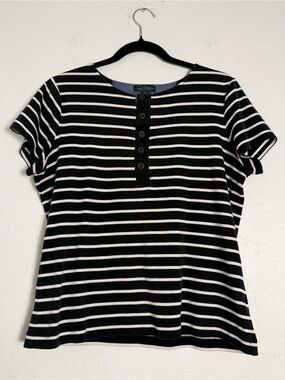 Lauren Jean Co. by Ralph Lauren Womens Henley Tee Large Black/White Stripes